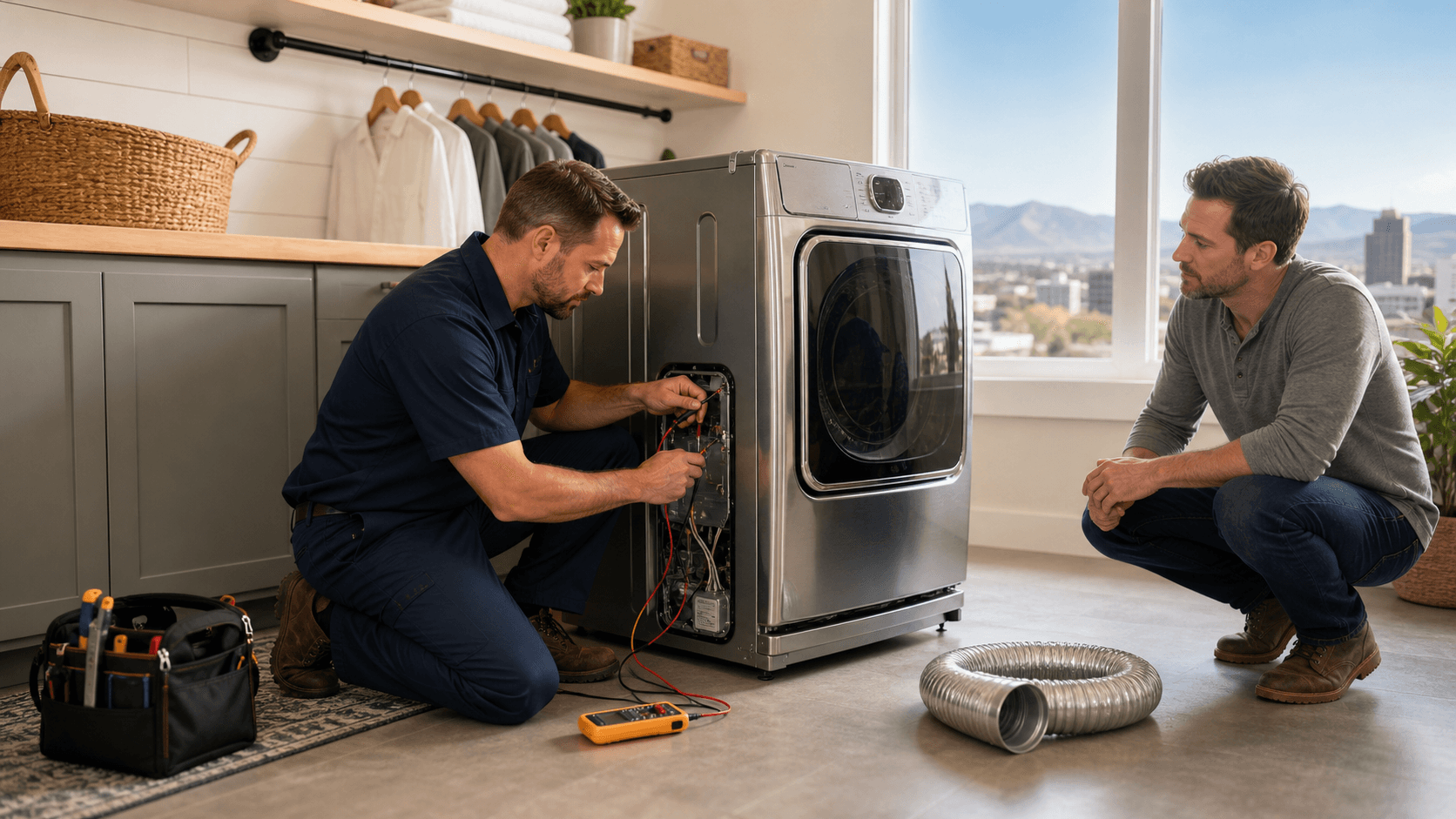 Front-loading dryer with warning icon on its door, repair tools beside it, warm indoor lighting on neutral background